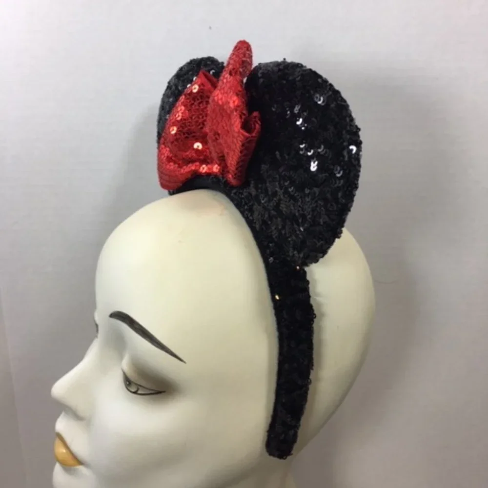 Minnie Mouse Ears Black w/Red Bow Sequins Headband